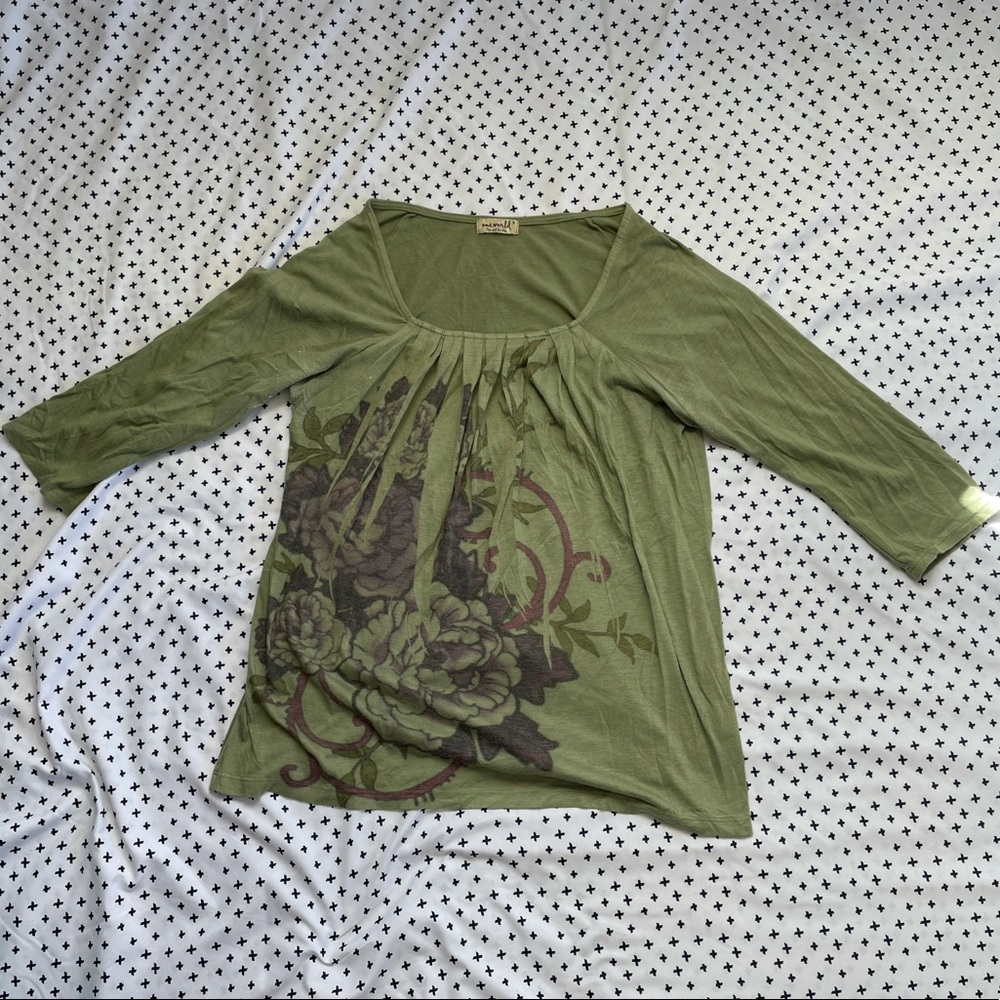 Olive green floral print long sleeve shirt